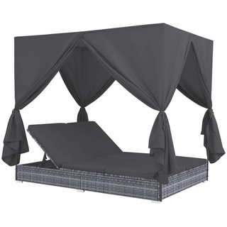 Prolenta Premium Outdoor-Lounge-Bett mit Vorhängen Poly Rattan Grau