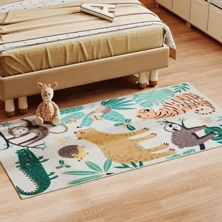HOMCOM Teppich Anti-Rutsch Maschinenwaschbar Wohnzimmerteppich Kurzflor mit Dschungel-Muster, Fleece-Optik, Landhaus-Design Flächenteppich für Wohnzimmer Terrasse Balkon Küche, 150 x 80cm, Mehrfarbig