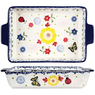 Bicuzat Auflaufform aus Keramik im Vintage-Stil, Blumen- und Schmetterlingsmarienkäfer-Muster, Backform, Lasagne-Pfanne, Backform mit Griffen, für Ofen auf den Tisch, 1 Stück, B-REC-Large