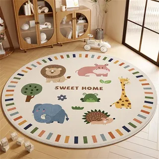 YATOLA Rund Teppich Kinderzimmer Kinderteppich Babymatte Junge Mädchen Spielteppich Grün Krabbelteppich Kurzflor Antirutsch Waschbar Extra Weich Heimdekoration Kaninchen Löwe (Beige, 120x120cm)