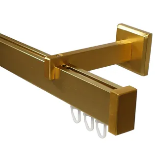 Design Innenlauf Gardinenstange eckig aus Aluminium in Messing Optik, langer Wandabstand 140 cm