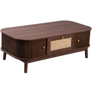 BlingBin Wohnzimmertisch Couchtisch Rattan-Kaffeetisch (1-St., Breite 110 CM), Schubladen mit Rattan und Schiebetüren mit Massivholzlatten braun