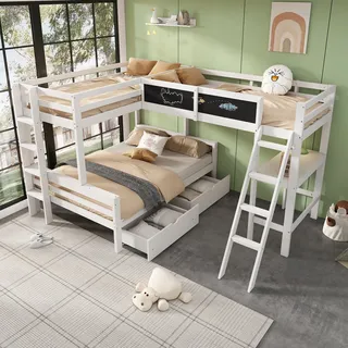 Kinderhochbett ,im Kinderbett Können Drei Kinder Schlafen, Hat Aufbewahrungsschubladen,aus Kiefernholz, Etagenbett, Kinderbett Mit Schreibtisch Und Regal, 140200cm,90200cm,weiß