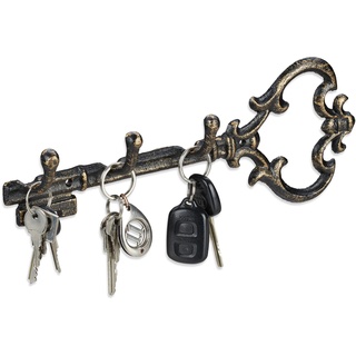 Relaxdays Schlüsselbrett, 3 Haken, dekorative Schlüsselform, Gusseisen, Vintage, HBT 12,5 x 33 x 4,5 cm, schwarz-Gold