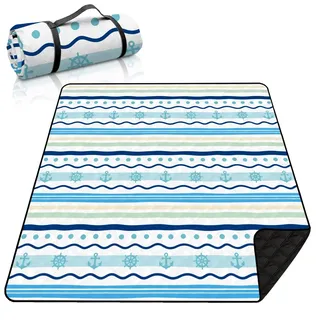 MAYJOYDIY Extra Große Picknickdecke 2x2m Anker Steuerrad Streifen Design Stranddecke Picknick wasserdichte Chiffon Baumwolle Stoff PEVA Feuchtigkeitsschutz Unterseite für Outdoor Camping Strand Park