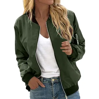 Bomberjacke Damen, Sommerjacke Damen Übergangsjacke Kurze Blouson Casual Jacke Frühling Herbst Leichte Outwear Pilotenjacke mit Taschen Langarm Outwear Zip Up Solid Leichte Coat