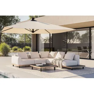 PLOSS Lunare M Gartenlounge, cashmere sand/anthrazit, Alu/Polyester/Sinterstein, 290 x 200 cm, Holzdekor, Quick Dry Foam