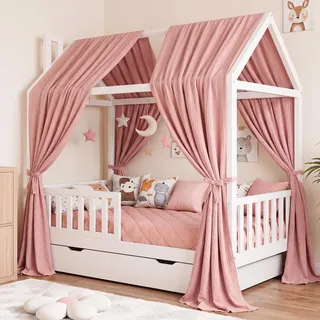 Hausbett Himmel - Betthimmel Hausbett aus 100% Baumwolle Musselin, Hausbett Vorhang für Kinderbett, Hausbett Deko Mädchen, Stoffhimmel für Hausbett & Himmelbett (Rosa, H270 x B67 cm (2 Stück))