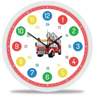 GRAVURZEILE Wanduhr GRAVURZEILE Wanduhr aus Holz Kinder Feuerwehr Motiv - Geräuscharm bunt