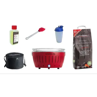 LotusGrill XL Starter-Set 1x XL Grill Feuerrot mit USB-Anschluß, 1x Buchenholzkohle 2,5 kg, 1x Brennpaste 200ml, 1x Marinierpinsel, 1x Dressingshaker, 1x Transport-Tasche XL