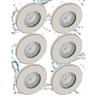 TRANGO LED Einbauleuchte, 6er Set IP65 LED Einbaustrahler 6729IP65-062-5WAK in Edelstahl gebürstet inkl. 6x 5 Watt GU10 LED Leuchtmittel 3000K warmweiß & GU10 Fassung, Außen, Badleuchte, Deckenleuchte, Deckenstrahler