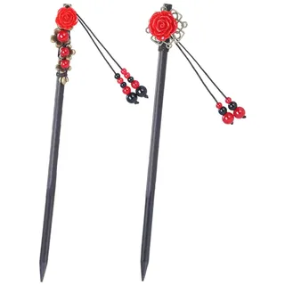 2 Stück chinesische Haarstäbchen für Frauen Holz japanische Haar Essstäbchen Zubehör Retro rote Kirsche Clips Handgefertigte Blume Tassel Geisha Kostüm für Mädchen lange Haare (Rot)