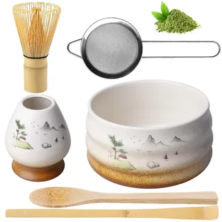 BAIFULAI Matcha-Tee-Set, 6-teiliges Matcha Set, Japanisches Teeset, Matcha Schneebesen Set, Matcha Schale aus Keramik, Teelöffel, Schneebesenhalter, Sieb, Japanisches Zubehör für Matcha-Zeremonie