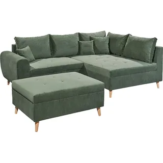 Lomadox Ecksofa mit Hocker und 8 Kissen in grün, L-Form mit Recamiere rechts, Serie CUNEO-09 - Grün