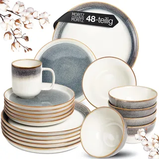 Moritz & Moritz Steingut Geschirrset 12 Personen - Tarento 48-tlg. - Teller Set aus Steingut - Geschirr Set aus 12x Dinnerteller, 12x Dessertteller, 12x Suppenteller & 12x Tassen