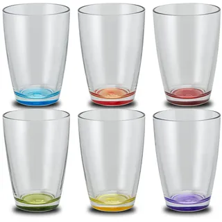Peill+Putzler Germany 6er Set Longdrinkgläser mit buntem Boden, 410 ml Volumen, mehrfarbige Trinkgläser, Wassergläser in 6 Farben, Coctailgläser, spühlmaschinengeeignet & pflegeleicht