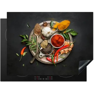 KitchenYeah© Herdabdeckplatte Einteilig Küche Ceranfeld Abdeckplatte Cerankochfeld Abdeckung Induktionskochfeld Schutzmatte Gewürze - Paprika - Löffel - Kräuter - Gemüse - 70x52 cm