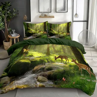 Generisch Naturlandschaft Wald Tiere 3D Druck Bettbezug, Naturliebhaber Wende Bettwäsche Set 135x200cm Dunkelgrün Bettwäsche 3 Teilig Mit Kissenbezug Kinder Erwachsener Reißverschluss Bettdeckenbezug