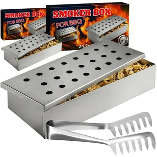 Räucherbox Set inkl. 1x Zange für Holzkohle-, Elektro- & Gasgrill – Smokerbox aus Edelstahl zum Grillen – Smokergrill-Flair für Fleisch, Fisch & Gemüse - 2 x Smoker Box