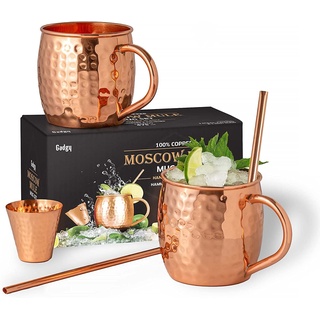 Gadgy Moscow Mule Becher Set - Cocktail Tassenset - Inklusive 2 Kupferbecher, 2 Strohhalme und ein Jigger - 100% Kupfer und handgefertigt - Kupfergläser - Party Geschenk