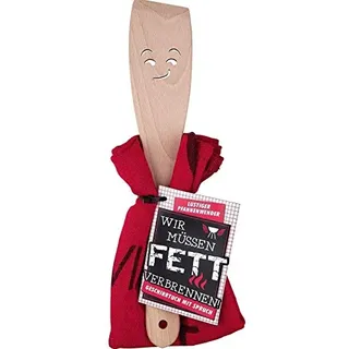 Rostalgie Holz Pfannenwender mit Gesicht + Geschirrtuch mit Spruch Geschenkartikel (Holz, Rost - Wir müssen Fett verbrennen)
