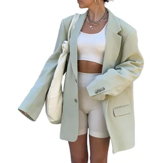 Grlasen Lässiger eleganter Damen-Blazer, langärmelig, übergroß, Revers, vorne offen, einfarbig, für Arbeit, Büro, Hellgrün, M - M