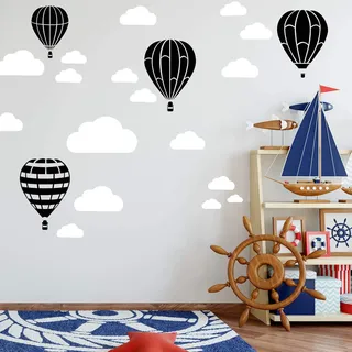 Heißluftballon & Wolken Aufkleber Wandtattoo Himmel | Wandbild 6x DIN A4 Bögen | Sticker Kinder Kinderzimmer Deko Ballons (Schwarz)