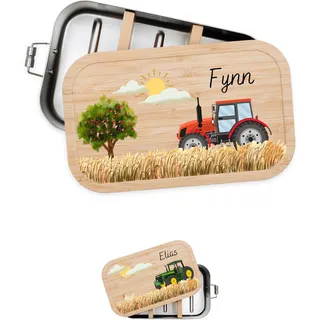 Bärenfreunde Brotdose Edelstahl Kinder, personalisiert, Traktor rot, groß | Süße Kindergarten Lunchbox mit Bambusdeckel oder Namen für Kleinkinder, mit Fächern bedruckt als Geschenk, Holz Vesperdose