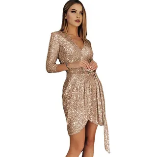 ZSWXF Damen Kleid Partykleid Sexy Pailletten Hohe Taille Cocktailkleid Sommerkleid Bodycon Minikleid Mesh Eng V Ausschnitt Kleid Freizeitkleid,Gold,XL