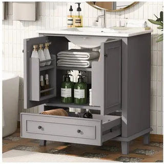 Totnz Waschtisch Badezimmerschrank, Beine aus Massivholz, MDF-Material, großer Stauraum (feuchtigkeits- und wasserdicht, integriertes Keramikwaschbecken), leicht zu reinigen, Grau grau