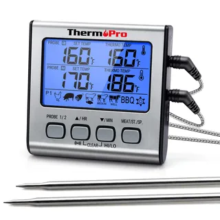 ThermoPro Digitales Grill-Thermometer Bratenthermometer Fleischthermometer Küchenthermometer, zwei Edelstahlsonden, Blaue Hinterbeleuchtung, Temperaturbereich bis 300°C TP17