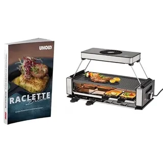 Unold 487859 Raclette Smokeless inkl. Raclette Rezeptbuch mit 50 Rezepten | Rauchfreier Raclette-Grill für 8 Personen mit Dunstabzugshaube, wendbarer Antihaft-Grillplatte, Edelstahl/Aluminium, 1200W