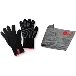 Weber 6670 Premium Handschuhe, Größe L/XL, Grillhandschuhe, bis 260°C & 17689 Mikrofasertuch, Reinigung, polieren, grau, 25.0 x 6.0 x 9.0 cm
