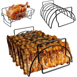 2-in-1 Spareribs Halter Grill & Bratenkorb 13,78 × 7,7 × 4,5 cm, für bis zu 6 Rippchen, hochwertiger Metall-Rippchenhalter Grill, vielseitiges Design mit Griffen, spülmaschinengeeignet für alle Grills