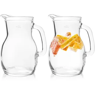 KONZEPT Hochwertiger Wasserkrug Glas 2 Stk Set 1 Liter Glaskrug Perfekt für Wasser, Milch, Säfte Wasserkanne mit ergonomischem Griff – In verschiedenen Größen erhältlich