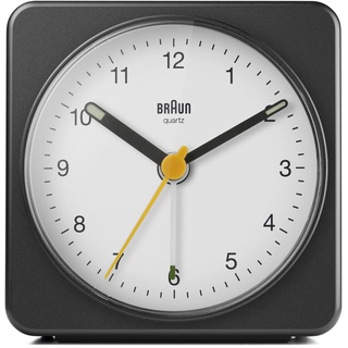 Braun Classic Analog Alarm Clock with Snooze and Light, Quiet Quartz Sweeping Movement, Crescendo Beep Alarm in Black and White, Model BC03BW.