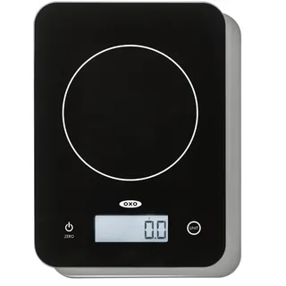 Oxo Good Grips Küchenwaage, Küchenwaage aus Glas bis 5 kg | Tara-Funktion, großes beleuchtetes Display, Umrechnung für g und kg, abwischbare Glasplatte, AA-Batterien enthalten