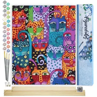 Figured'Art Malen Nach Zahlen Erwachsene Mit Rahmen Katzen abstrakt - Paint by Numbers Basteln DIY Bastelset 40x50cm Mit Keilrahmen (nicht gespannt)