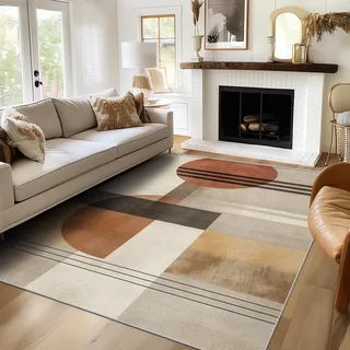 AUWUUA Mid-Century Modern Teppich, 250 x 250 cm, braun, waschbar, geometrische Teppiche für Wohnzimmer, abstraktes minimalistisches Muster, Teppich für Schlafzimmer, Badezimmer