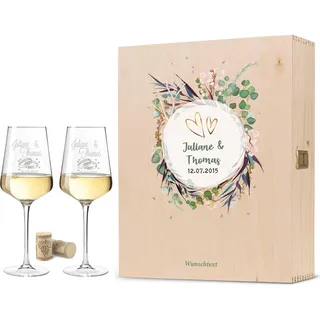 GRAVURZEILE Leonardo Weingläser mit Gravur von Namen & Datum - Flower Wedding - als Geschenk zur Hochzeit, Verlobung oder zum Jahrestag - das Hochzeitsgeschenk - Puccini Flower Design mit Holzkiste