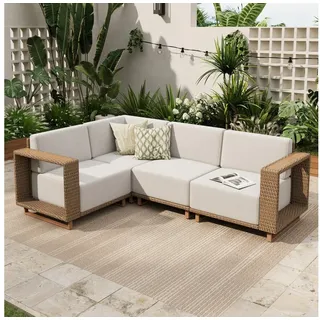 PHI VILLA Gartenlounge-Set, (Rattan Gartenmöbel Set Balkonmöbel, Allwetter Gartensofa Terassenmöbel Außen mit Dicken Weißen Kissen), Lounge Möbel Outdoor Sofa Sets für Garten und Terrasse beige