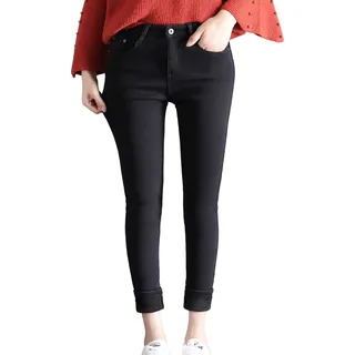 SKYWPOJU Thermojeans Damen Winterhose Thermohose Leggings mit Innenfleece Winterhose Warm Gefütterte Jeans Straight Hose mit Weitem Gummizug Band Jeans Fleece Treggings Damen... - XXL