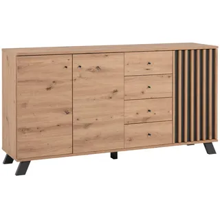 MID.YOU Sideboard Medan, Anthrazit, Eiche Artisan, Metall, 2 Fächer, 4 Schubladen, 160x85x40 cm, Wohnzimmer, Kommoden Sideboards, Sideboards