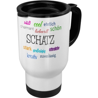 printplanet Thermobecher weiß mit Namen Schatz - Motiv Positive Eigenschaften - Coffee to Go Becher, Thermo-Tasse