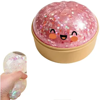 Dumpling Squishy Mystery mit Dampfgarer-Box,Glitter Dumpling Squishy,Anti Stress Spielzeug zum Quetschen,extra großer S-quishy-Knödel als Stressabbau-Sensorikball für Kinder& Erwachsene (pink)