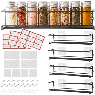 GEEDIAR Gewürzregal aus Metall - 4er hängend lang Küchenregal Gewürzregal selbstklebend ohne Bohren für die Wand, Küchenschrank, küchenschranktüren, Deco, Arbeitsplatte, 29 x 6.35 x 6cm, Schwarz