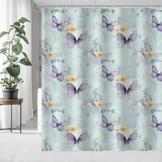 Duschvorhang Blau 200x200cm Stoff Polyester Textil Anti-Schimmel Shower Curtains Blätter Duschvorhang Beschwerer Wasserabweisend Badewanne Vorhang aus Waschbar Badvorhang mit 12 Duschvorhängeringen