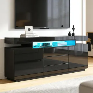 Senvoziii Schwarz Sideboard Schrank Matt Body & Hochglanz TV Lowboard LED Beleuchtung Kommode mit 2 Türen 3 Schubladen 160cm für Wohnzimmer Esszimmer