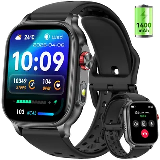 Smartwatch Herren Damen 1400mAh Akku, 2.01" HD Screen mit Telefonfunktion | LED-Lich/Herzfrequenz/Schlafmonitor/Schrittzähler,100+ Sportmodi Fitness Tracker, IP68 Wasserdicht Sportuhr für Android iOS