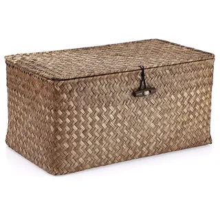 Hipiwe Weidenregalkörbe mit Deckel, handgewebter Seegraskorb, Aufbewahrungskörbe, rechteckig, Haushaltskorb, Boxen für Regal, Kleiderschrank, Zuhause, Organizer, Kaffeebraun, Größe M